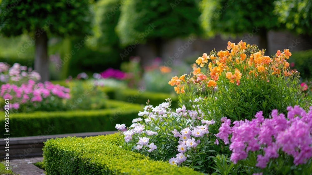 Obraz premium Vibrant Floral Display in a Beautifully Landscaped Garden with Colorful Blossoms and Neatly Trimmed Hedges