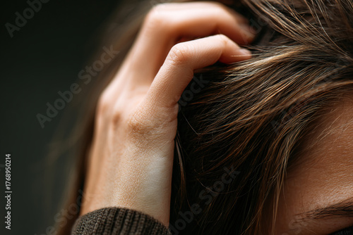 Woman scratching scalp feeling itching and discomfort