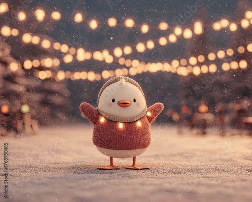 A cheerful, festive bird stands under glowing lights, embodying the warmth of winter celebrations and joy during holiday season.
