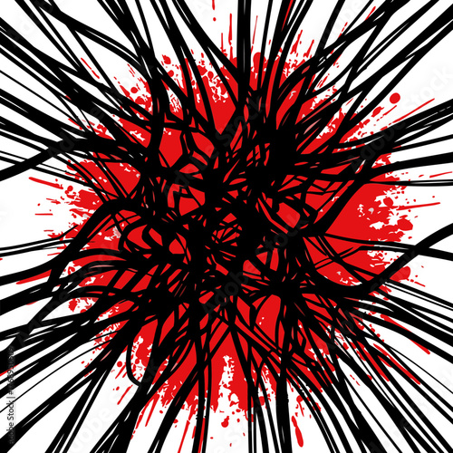 Abstract design with red splatters and black lines radiating outwards. Aggressive, graphic art with a dynamic, disruptive feel. Graphic design element. suitable for various uses.