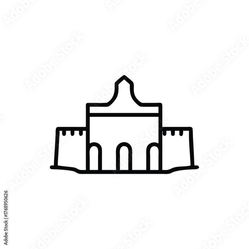 A minimalist black and white line drawing depicts a symmetrical castle or fortress with arched entrances and crenellated walls. Simple line art icon of a castle or fortress building