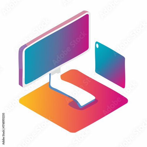 Isometric digital workstation with monitor and secondary screen, depicting a seamless blend of remote and in-office connectivity