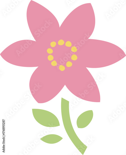 満開の花の葉と茎のイラスト　6枚の花びら