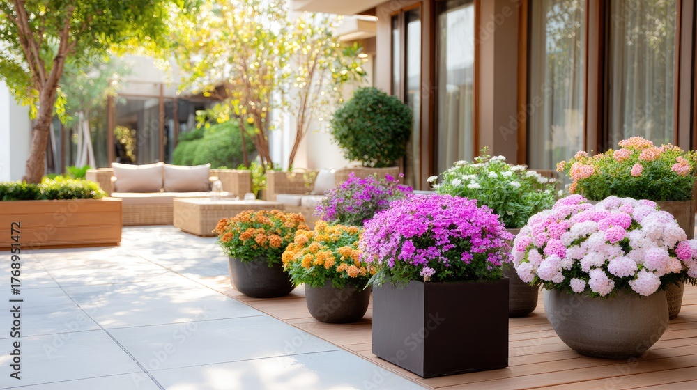 Fototapeta premium Vibrant Flower Pots on a Sunlit Patio Setting Surrounded by Lush Greenery and Comfortable Seating Areas