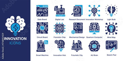 Innovation icon set. Containing prototype, design, research, development, startup and more. Solid vector icons collection. Vector illustration.