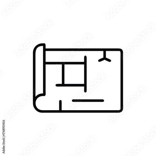 A minimalist black and white line drawing of a rolled-up architectural blueprint showing a simple floor plan with rooms and lines. Architectural blueprint icon of a floor plan