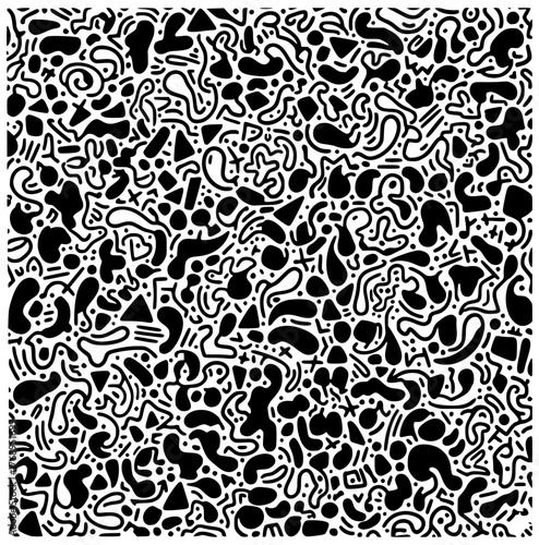 A black and white abstract vector illustration with a dynamic pattern and no specific theme. The minimalist and modern design emphasizes contrasting shapes and lines, perfect for backgrounds, posters,