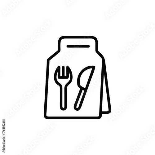 A simple black and white line art icon representing a menu with a fork and knife on it. Restaurant menu icon with fork and knife