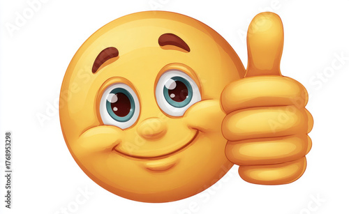 Happy emoji with thumbs up gesture, expressing positivity and approval. This cheerful emoticon features bright eyes and friendly smile, perfect for conveying encouragement and support