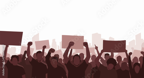 Protest crowd with city skyline background
