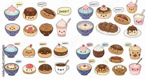 Sweet desserts and drinks collection with happy faces