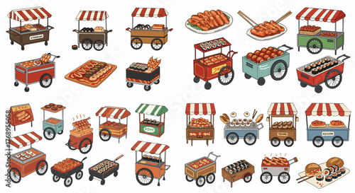 Korean street food carts with baked goods and snacks