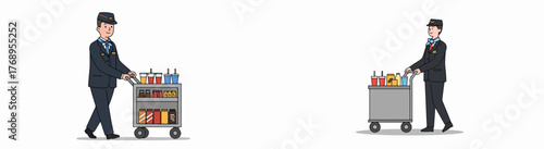 Flight attendant pushing beverage cart in airplane