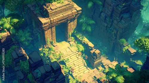 Digital painting of overgrown ancient temple nestled within lush jungle with mystical atmosphere for mysterious adventurous exploration fantasy concept