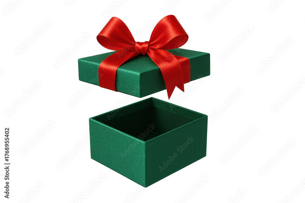 Fototapeta premium Green gift box opening, red ribbon creating anticipation for surprise or new beginnings, transparent background
