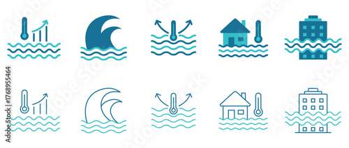 Climate Rise Icon set. Global Warming, Greenhouse Effect, Renewable Energy. Vector and illustrator set