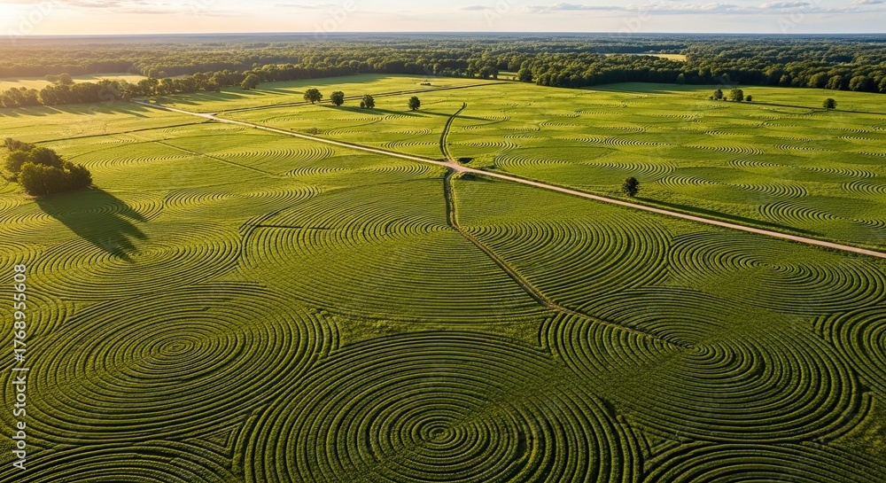 Fototapeta premium Breathtaking aerial view of vast green field with mesmerizing circular patterns and a winding road leading towards a distant forest under a golden sunset sky