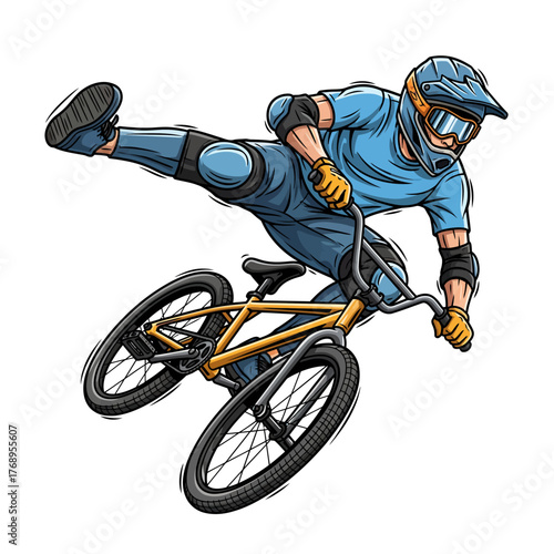 Extreme mountain biker doing a dangerous trick with his bike in the air