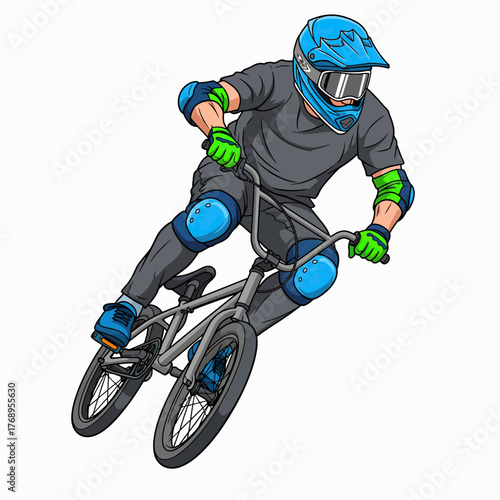 Dynamic BMX rider performing stunt, extreme sports action illustration