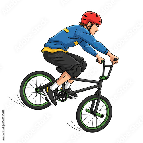 Dynamic BMX rider performing aerial stunt with red helmet and cool style