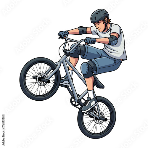 Young BMX rider performing impressive wheelie stunt with helmet and pads