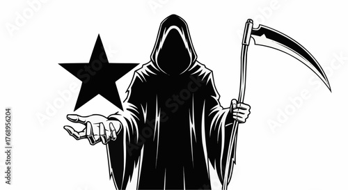 Grim reaper offering a star with scythe, death holding star in hand, concept design