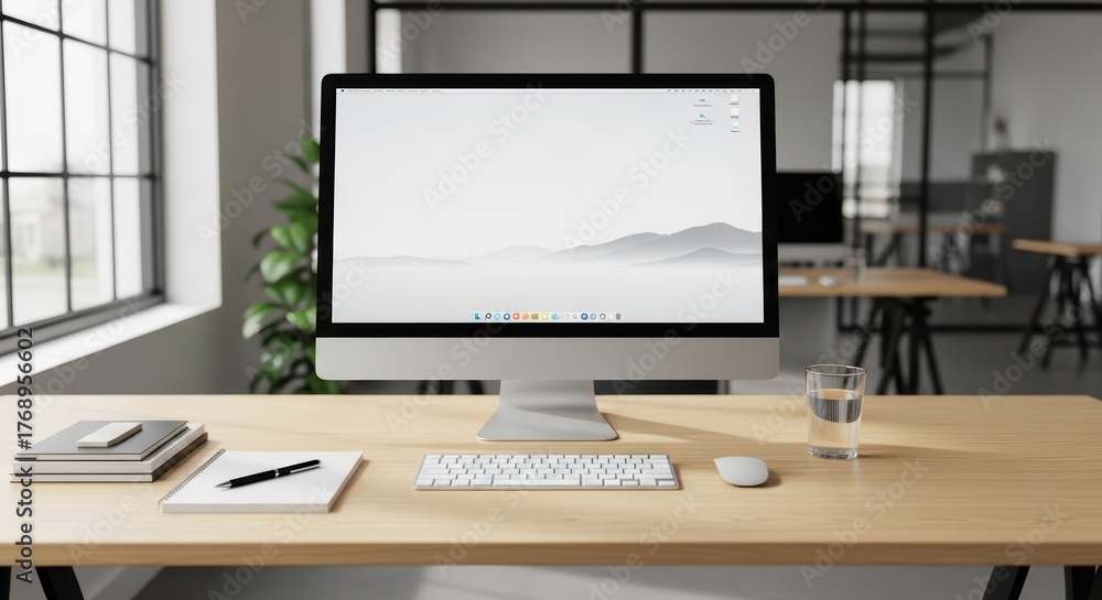 Fototapeta premium Modern office workspace with desktop computer and minimalist decor in bright sunlit room