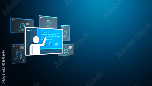 Virtual webinar presentation concept with presenter and participants in video call windows, digital learning and remote training illustration