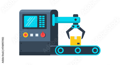 Automated robotic arm moving a package on a conveyor belt system