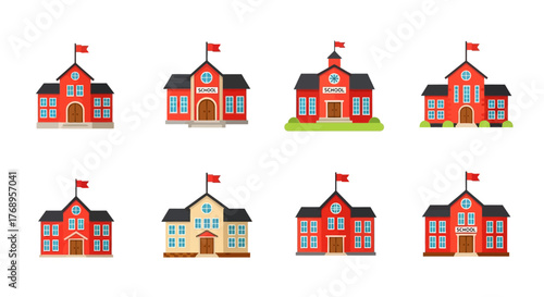 Collection of colorful cartoon school buildings with red roofs and flags