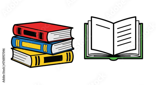 A colorful stack of books with an open book to the side