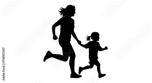 Silhouette of a mother and daughter running together in a joyful moment