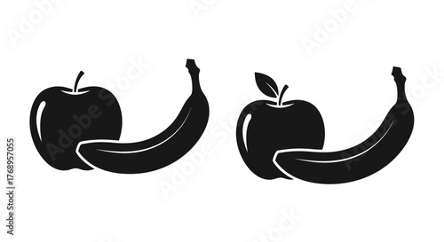 Simple black and white illustration featuring apples and bananas together
