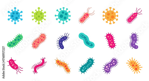Colorful illustration depicting various bacteria and viruses in a scientific style