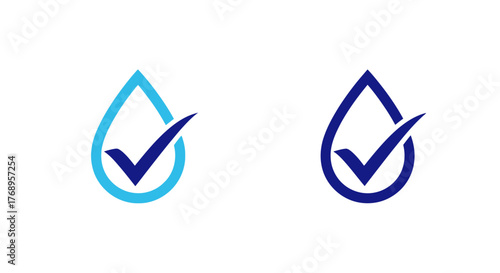 Two water drop logos with check marks inside blue variations