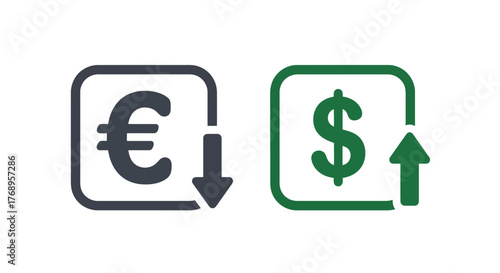 Currency exchange rate illustration showing euro to dollar conversion with arrows