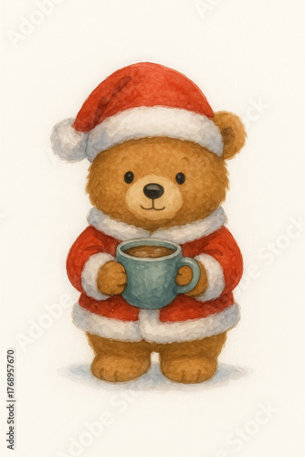 Cheerful teddy bear in festive Santa costume holds cozy mug of Christmas drink