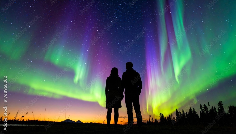 Fototapeta premium Silhouette Couple Under Vibrant Northern Lights Night