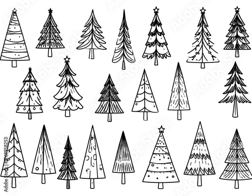Black and white illustrations of assorted decorated fir trees