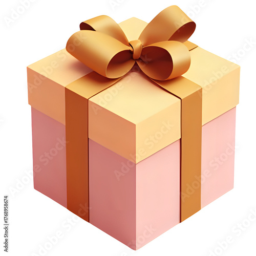 Gift box with golden ribbon isolated on white background the present is wrapped in pink and beige paper, tied with a shiny golden bow
