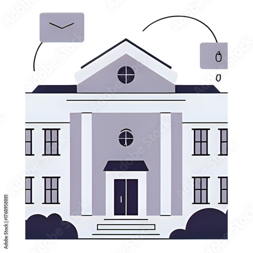 Government building with mail and lock icons isolated on white background the courthouse features columns, windows, and a classic design