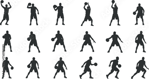 Basketball player poses, sports silhouette, dribbling action, shooting stance, passing motion, athletic gesture, training reference, flat vector illustration