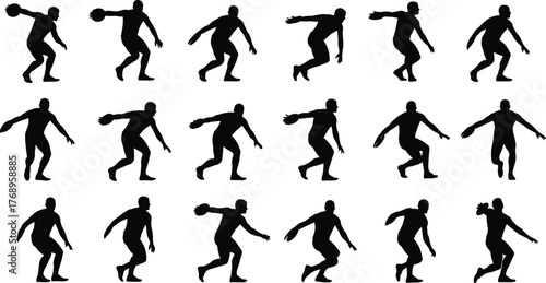 Basketball dribbling motion, player silhouette sequence, ball control poses, sports action breakdown, athletic gesture icons, flat vector illustration