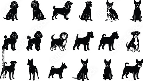 Dog breed silhouettes, cartoon pet icons, sitting and standing poses, canine variety, animal character set, flat vector illustration
