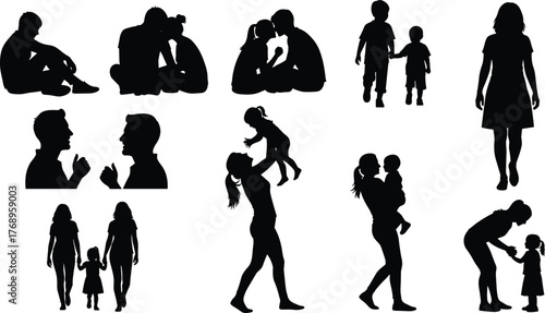 Adult child interaction, family bonding silhouettes, emotional connection poses, caring gestures, parenting moments, relationship icons, flat vector illustration