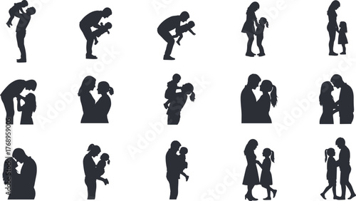 Family bonding moments, adult child interaction, caring gestures, emotional connection, parenting love, nurturing silhouette, flat vector illustration, relationship icons