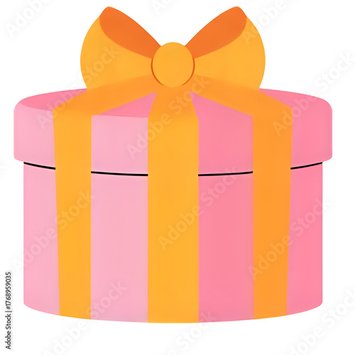 Whimsical illustration of a round gift box with a tied ribbon, isolated on white background ideal for festive events, birthdays, and special celebrations, conveying joy