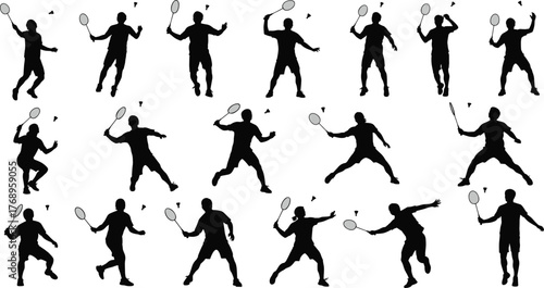 Badminton player poses, sports silhouette, racket action, shuttlecock hit, athletic movement, training reference, flat vector illustration, dynamic badminton icons