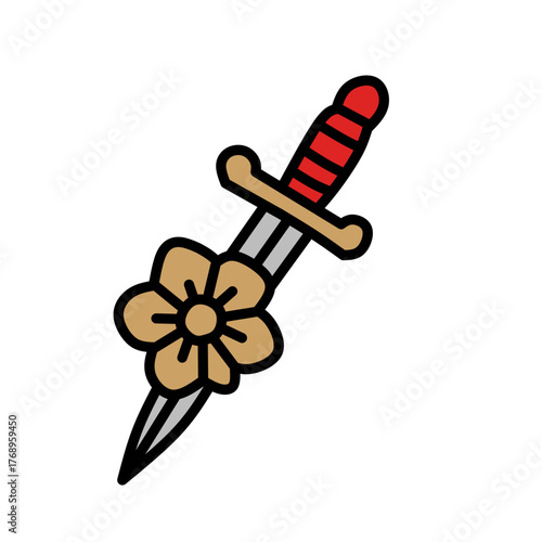A dagger with a red handle and a yellow flower, representing bravery or sacrifice.