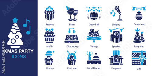 Xmas Party icon set. Containing celebration, merry, joy, cheer, winter, snow and more. Solid vector icons collection. Vector illustration.